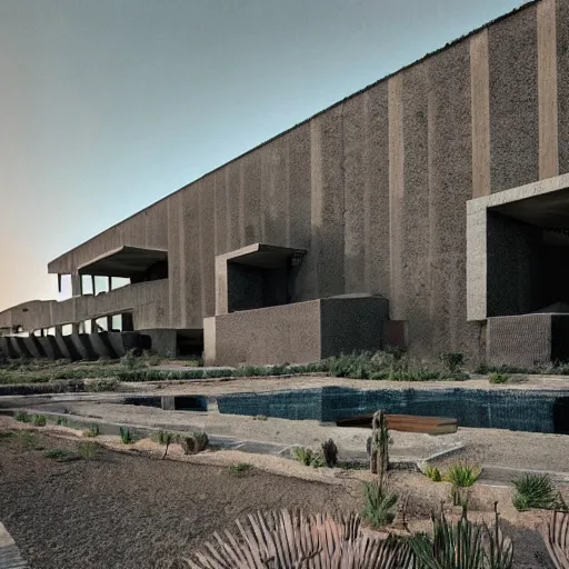 Image similar to brutalism hotel in the desert, biophilia mood, pool, garden, highly detailed, cinematic, photorealistic,