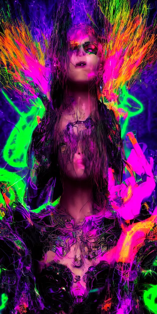 Image similar to impossibly beautiful witch hypnotizing her enemies with dark magic, intricate complexity, psychedelic glitch art, neon paint drip, inverted color scheme, trending on art station, photoreal, 8 k, octane render