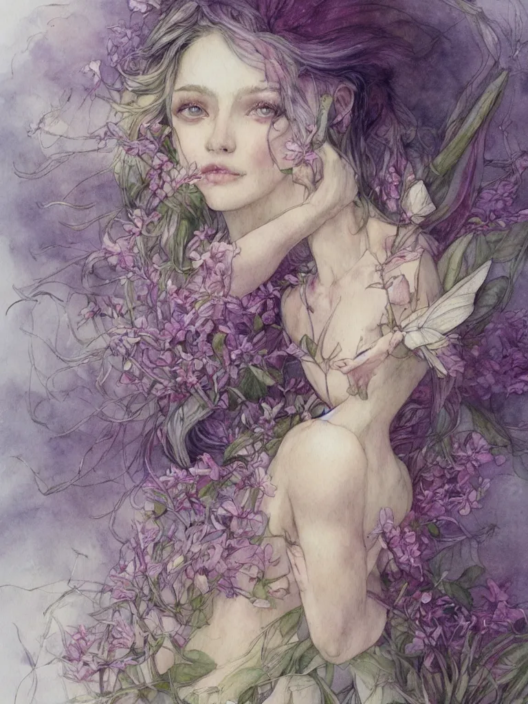 Image similar to study of a flower fairy, illustration, watercolor, alan lee, detailed, pretty, ethereal, realistic, artstation,