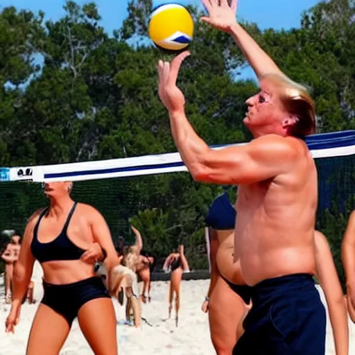 Image similar to extremely buff Donald Trump playing beach volleyball with women,