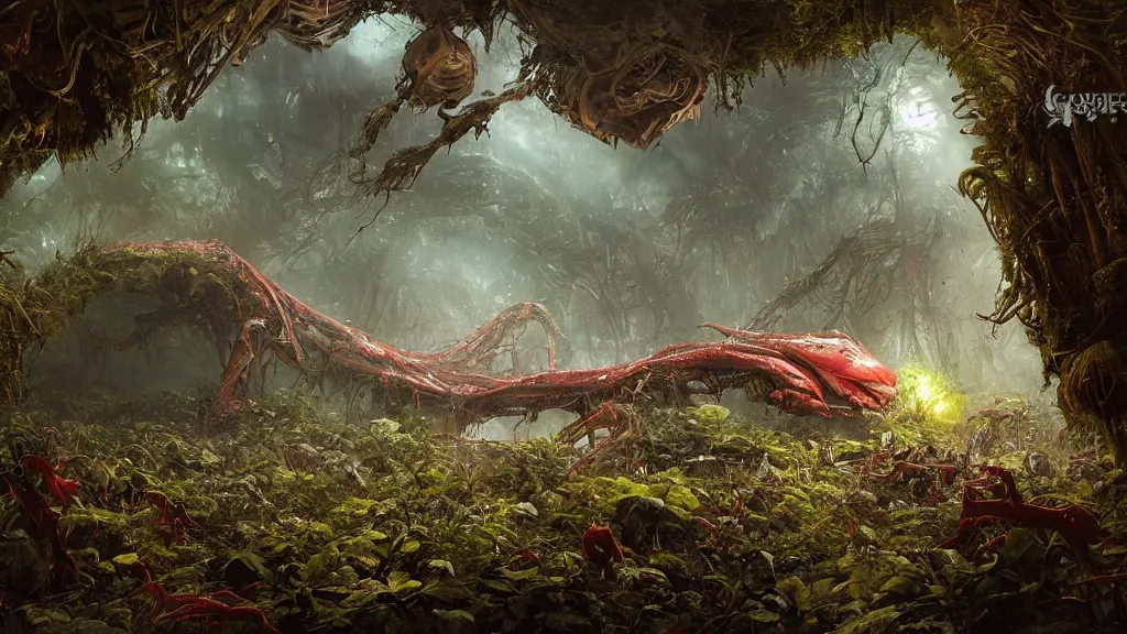 Image similar to dramatic Photorealistic dramatic Matte painting,Looking through deep inside an Alien planets dense red forest,a gigantic crashed derelict spaceship where a lone astronaut in a white spacesuit with lights is exploring outside,hundreds of tall gigantic monster carnivorous Red Venus Flytrap plants and glowing bulbs,translucent wet and slimy plant life by Greg Rutkowski,Craig Mullins,Fenghua Zhong,a misty haze,Beautiful dramatic moody nighttime lighting,Cinematic Atmosphere, Volumetric Lighting,Terragen,Octane Render,8k