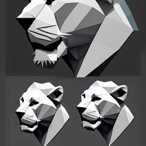 Prompt: a 3 by 3 array of a low poly lion, detailed face, detailed tail, character design, full body