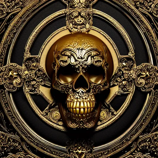 Prompt: 3d golden and black skull engraved with baroque ornaments. trending on artstation. octane render. dark art. gothic art. symmetrical artwork