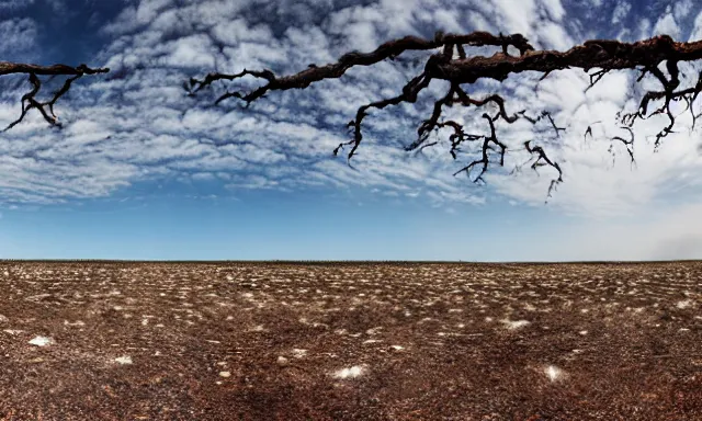 Image similar to panorama of big raindrops flying upwards into the perfect cloudless blue sky from a dried up river in a desolate land, dead trees, blue sky, hot and sunny highly-detailed, elegant, dramatic lighting, artstation, 4k, cinematic landscape, photograph by National Geographic