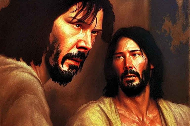 Image similar to keanu reeves as jesus christ in “ the last temptation of christ ” ( 1 9 8 8 ). oil painting in the style of edward hopper and ilya repin gaston bussiere, craig mullins, j. c. leyendecker. warm colors. detailed and hyperrealistic. concept art