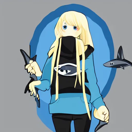 Image similar to a blonde girl in a black hoodie holding a blahaj blue shark plush from ikea, anime style digital art