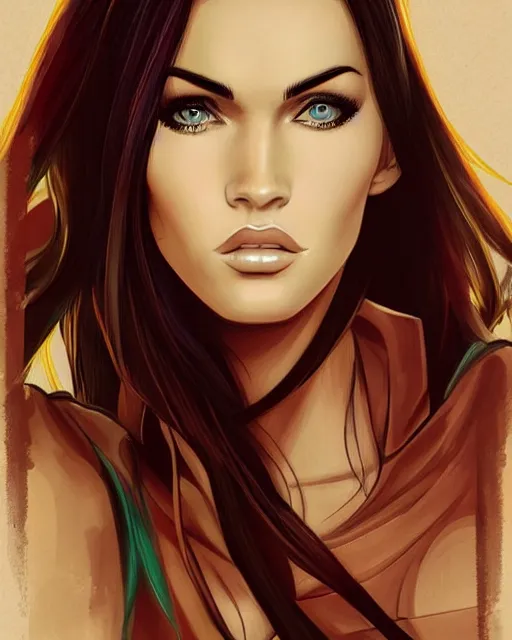 Prompt: portrait of megan fox, beautiful, elegant colorful, inspired by steel ball run manga, artstation trending, deviantart, highly detailed, focus, smooth, illustrated by hirohiko araki