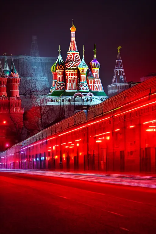 Prompt: neon streets of moscow with red square, 4 k, award winning photo, cyberpunk style