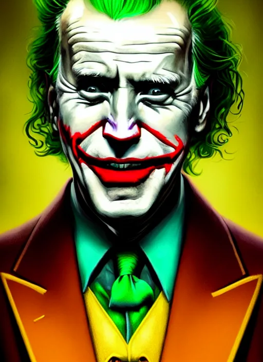 Image similar to portrait of joe biden as the joker, green hair, intricate, elegant, glowing lights, highly detailed, digital painting, artstation, concept art, sharp focus, illustration, art by wlop, mars ravelo and greg rutkowski