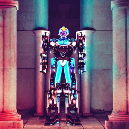 Image similar to a mecha robot inside a Greek temple :: 4-bit::1 comicbook::1 bioluminescence::1 DSLR::1 turquoise::1 defocus::-0.5 --ar 2:1 --quality 2