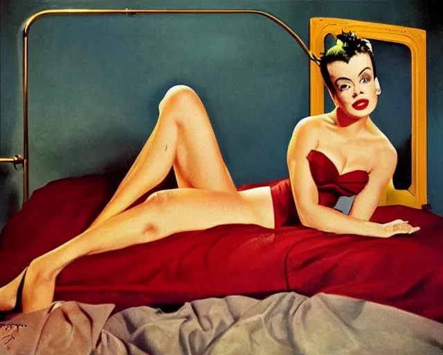 Image similar to phtorealistic modern 1 9 5 0 s style pin up of the bride of frankenstein posing in a bed in the room of a sanatarium, full body, campy color scheme, realistic, center, smooth, golden ratio, detailed, gil elvgren, earl moran, joyce ballantyne