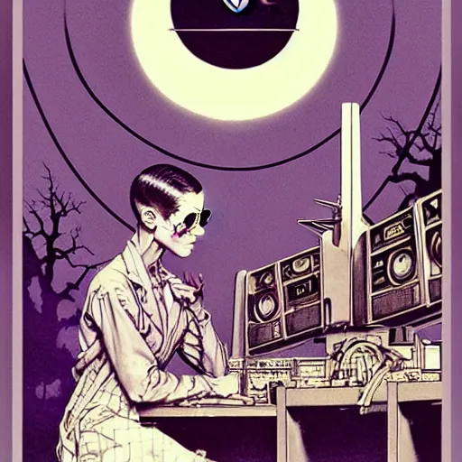 Image similar to artgerm, norman rockwell, abigail larson, purple color pallete, welcome to night vale, radio tower with black hole above it, spooky strange weird quirky