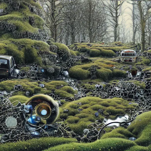 Image similar to panoramic view, superintelligent ecological matrix of moss and lichen dotted biomechanical trees growing on junkyard heaps of electronics and automobiles among puddles of glistening oil, artists bev doolittle and philippe caza, high contrast cinematic light, mystical shadows, sharp focus, octane render, three dimensional autostereogram optical illusion, repeating patterns