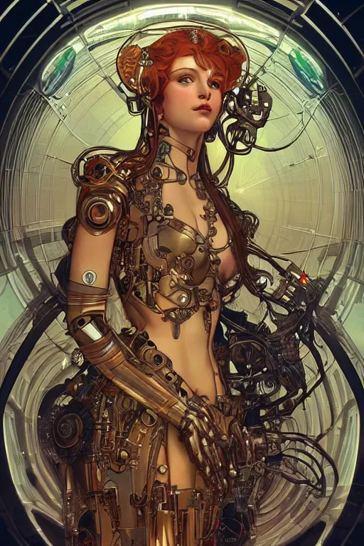 Prompt: realistic detailed portrait of a humanoid mecha cyberpunk! goddess by Alphonse Mucha and Charlie Bowater, rule of thirds, golden ratio, Art Nouveau cyberpunk! style, mechanical accents!, mecha plate armor, glowing LEDs, flowing wires with leaves, rich deep moody colors