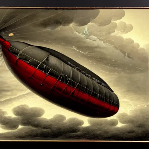 Image similar to victorian airship flying into a violent thunderstorm, red gold gray, rich, highly detailed, realistic, illustration