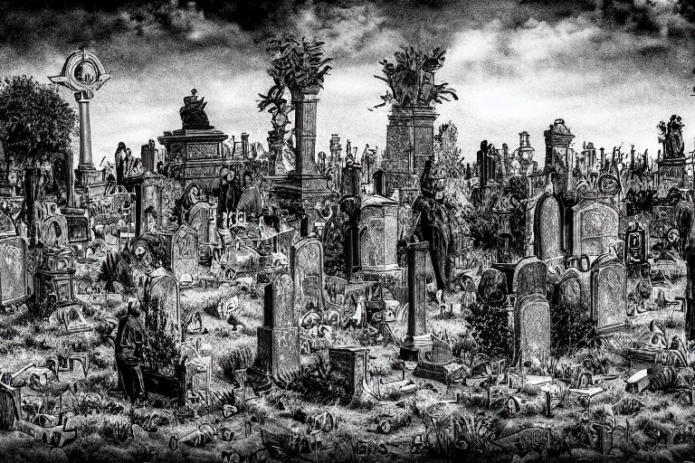 Prompt: the funeral of the devil in the cemetery, drunk people, dark night, highly detailed digital art, photorealistic