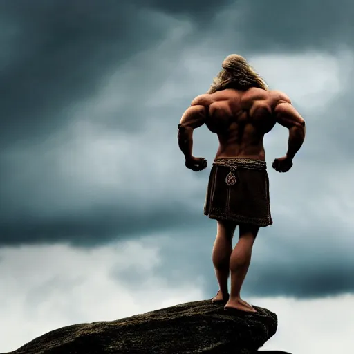 Image similar to cinematic shot of a muscular viking with a large beard standing on a rocky cliff with cloudy stormy weather in the sky, 8 k, very intricate, very detailed,