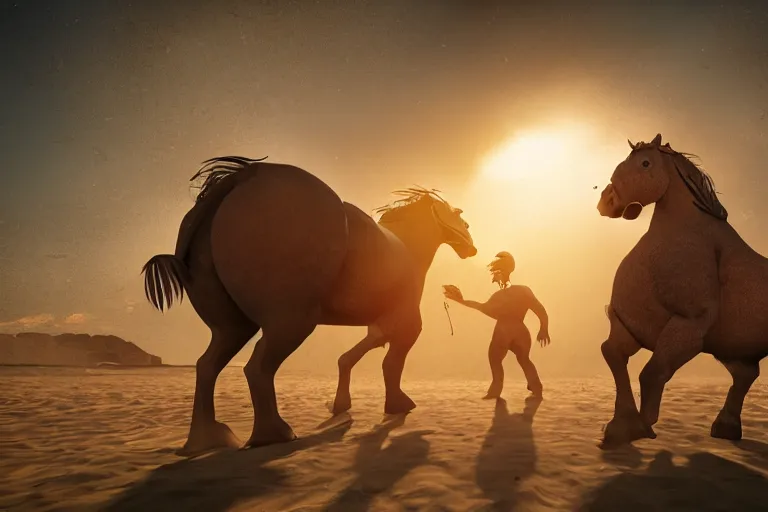 Image similar to photo, two fat ugly old men fight horse mutants 4 0 1 2 7 on a beach, highly detailed, scary, volumetric lighting, front view