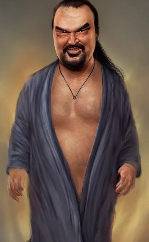 Image similar to fat steven seagal with wild hair and bright eyes. he's wearing a flowing bathrobe made of light, airy fabric and he has a mischievous look on his face, dynamic lighting, photorealistic fantasy concept art, trending on art station, stunning visuals, creative, cinematic, ultra detailed