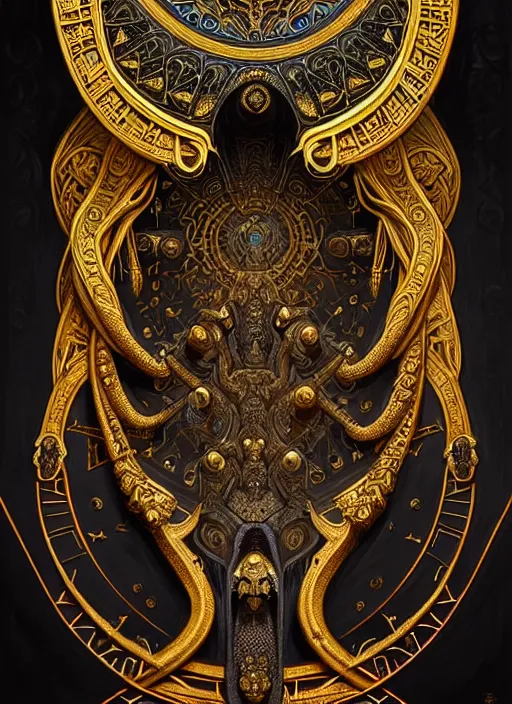 Image similar to sacred sarcophagus, ornate art nouveau scarabs, black and gold palette, symmetry, fantasy, intricate, elegant, highly detailed, colorful, dark colors, dramatic shadow, digital painting, artstation, concept art, art by artgerm and greg rutkowski and ruan jia,