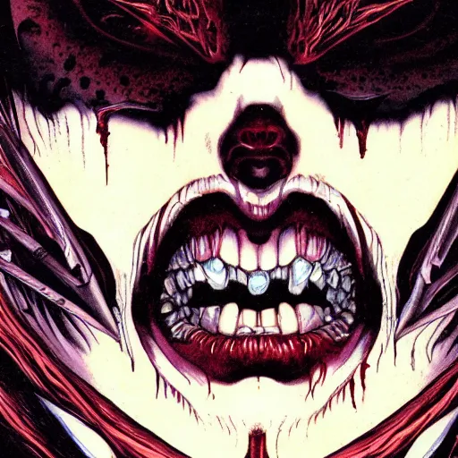 Image similar to closeup of face melting, vampire, by yoichi hatakenaka, masamune shirow, josan gonzales and dan mumford, ayami kojima, takato yamamoto, barclay shaw