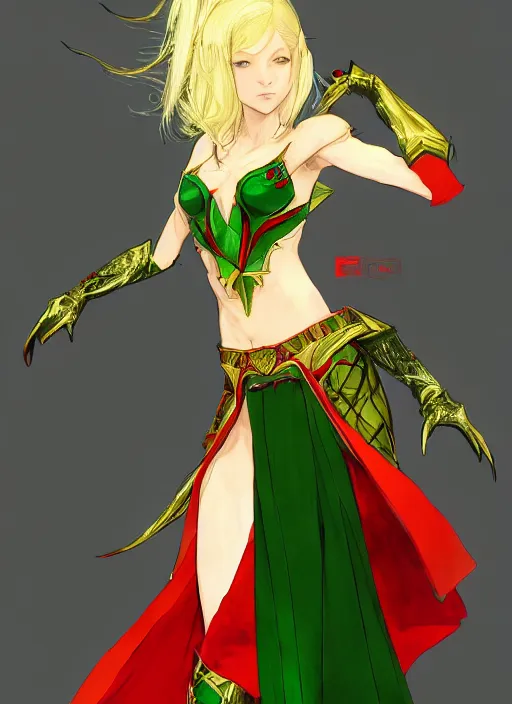 Prompt: Full body portrait of a beautiful young blonde short haired elven princess wearing red, green and gold robe, vibrant holy aura. In style of Yoji Shinkawa and Hyung-tae Kim, trending on ArtStation, dark fantasy, great composition, concept art, highly detailed.