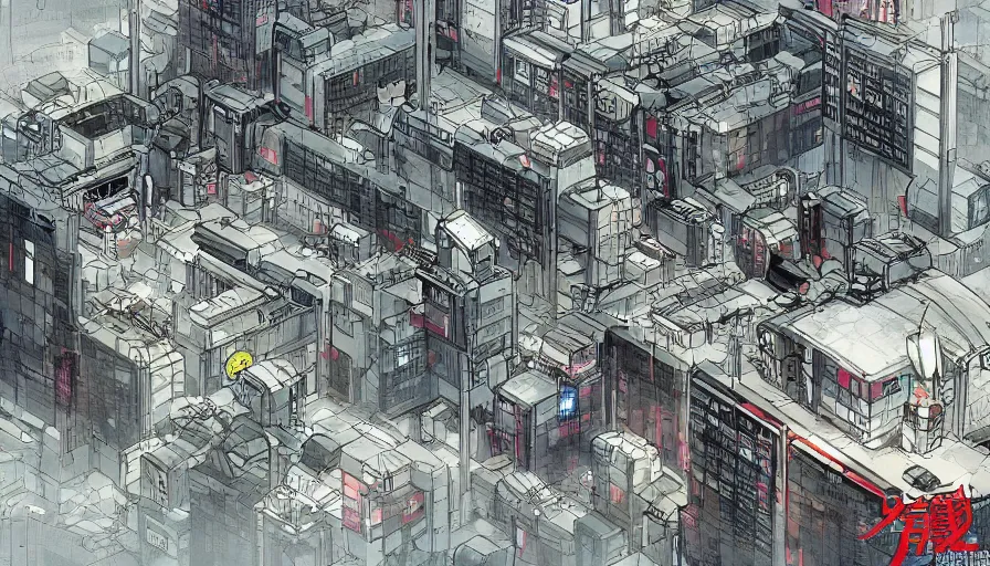 Image similar to Concept Art Illustration of neo-Tokyo Maximum Security Bank, in the Style of Akira, Syndicate Corporation, Anime, Dystopian, Highly Detailed, Helipad, Special Forces Security, Giant Crypto Vault, Docks, Shipping Containers of Money :2 Akira Movie style : 8