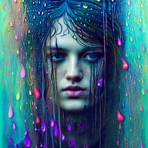 Image similar to girl in psychedelic LSD rain with wet hair and face, fantasy, intricate, elegant, dramatic lighting, emotionally evoking symbolic metaphor, highly detailed, lifelike, photorealistic, digital painting, artstation, concept art, smooth, sharp focus, illustration, art by John Collier and Albert Aublet and Krenz Cushart and Artem Demura and Alphonse Mucha