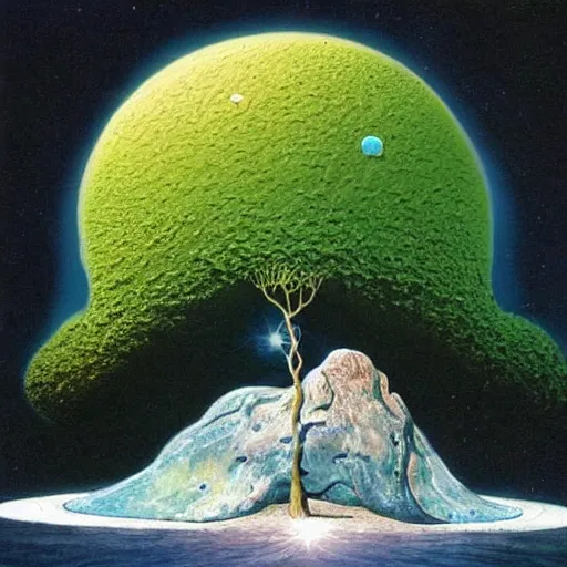 Image similar to a tree growing from a crystal rock floating in space, by roger dean