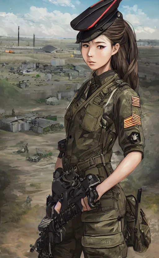 Prompt: portrait of a female soldier, highly detailed, high resolution, military camp in the background, the front of a modern trading card, illustration, character concept art, stunning, girls frontline style, matte, 100mm, by japanese artist shibafu, realistic human anatomy, realistic military carrier, modern warfare, realistic gun design, digitally draw on wacom tablet, low saturation, small eyes, hard surfaces