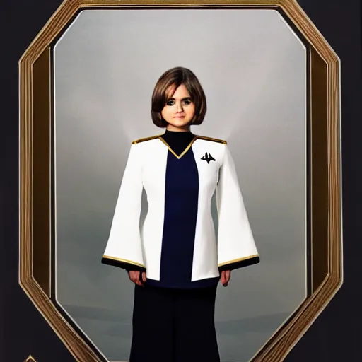 Image similar to a beautiful full body photograph of younger jenna coleman as a star fleet officer from star trek next generation, full dress uniform, symmetrical face, extreme realism and detail, 8 k, completely framed, direct lighting, 3 5 mm photo, photorealistic, sharp focus