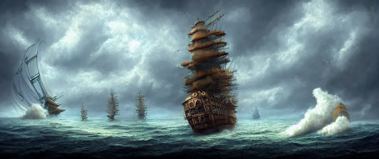 Image similar to steampunk cruising ship sailing at sunny day, giant waves, fluffy volumetric storms, nice huge insane godrays, god helping mystic soul by, gediminas pranckevicius