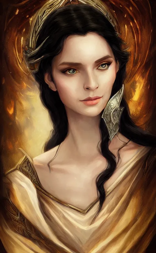 Prompt: luthien, princess of doriath, fairest maiden to have ever lived, stunningly beautiful, black hair, elven, beautiful eyes, portrait, artstation, wonderful lighning