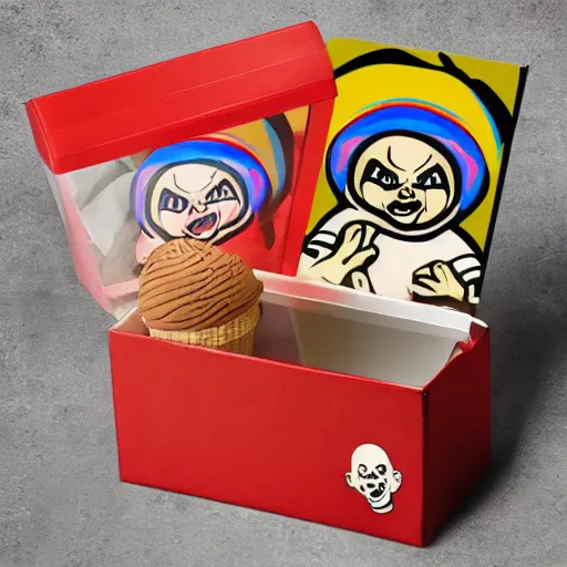 Image similar to screaming chucky doll ice cream box logo