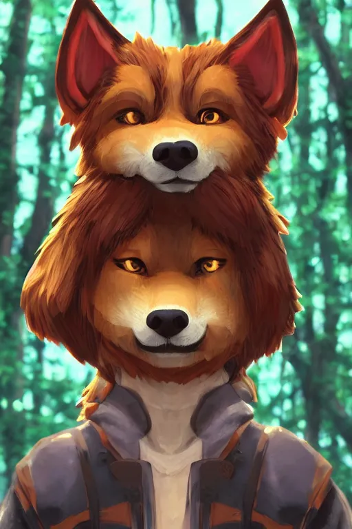 Image similar to stylized close up character portrait icon of the anthro anthropomorphic jindo dog trader head animal person fursona wearing clothes standing in the bright forest, hidari, color page, tankoban, 4 k, tone mapping, akihiko yoshida