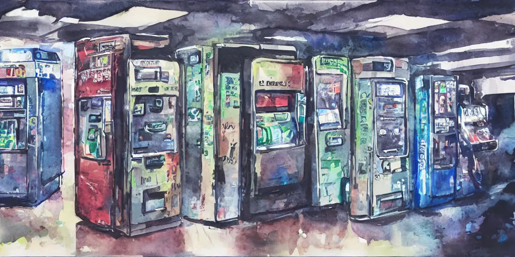 Image similar to broken vending machines, Ghost in the Shell, ultrawide watercolor