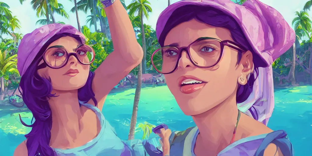 Prompt: tropical party rave, young hyderabadi female wearing wayfarer glasses and purple cap and purple clothes beautiful picture and scenery, gta 5 comics, official fanart behance hd artstation by jesper ejsing, by rhads, makoto shinkai and lois van baarle, ilya kuvshinov, ossdraws, by feng zhu and