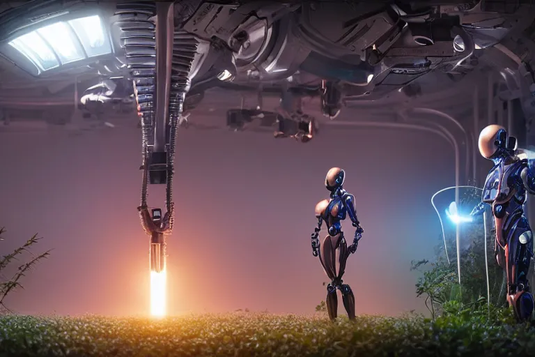 Prompt: androgynoid robot taking care of plants with a human female scientist on the spaceship, beautiful lighting, cinematic lut, shallow depth of field, ultra realistic, hyper - detailed, sci - fi movie style, coherent composition, john harris