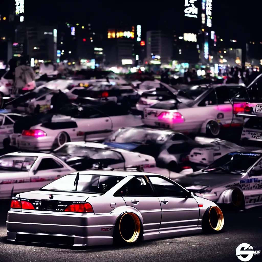 Image similar to a car JZX100 twin turbo drift at illegal car meet, Shibuya prefecture, city midnight mist lights, cinematic lighting, photorealistic, highly detailed wheels, high detail