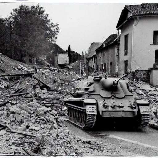 Image similar to small french village bombed out, Nazi Tiger 1s driving into the town, black and white, film grain,