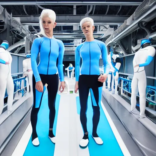 Image similar to group of weird athletic humans with light blue neoprene suits and white hair standing in tight formation on a conveyor belt, advanced futuristic laboratory, sci - fi, highly detailed, hyperrealistic