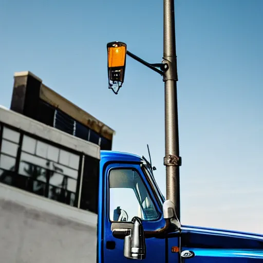 Image similar to blue truck dangling from atop a street light pole