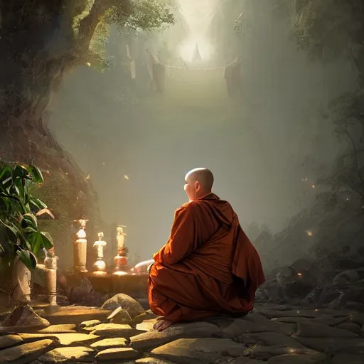 Prompt: ancient monk worshipping under the tree of wisdom, magical world, by greg rutkowski, sung choi, photo realistic, 8 k, cinematic lighting, hd, atmospheric, hyperdetailed, trending on artstation, devainart, digital painting, glow effect