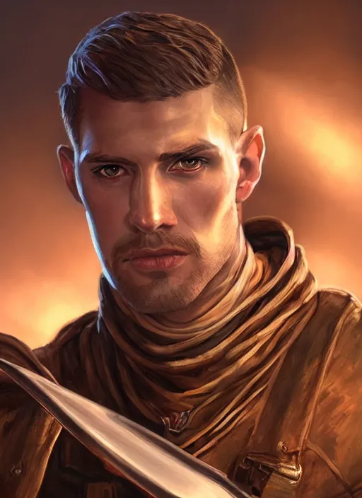 Image similar to buzzcut hair stubble male gunslinger shooter, dndbeyond, bright, realistic, dnd character portrait, full body, art by ralph horsley, dnd, rpg, lotr game design fanart by concept art, behance hd, artstation, deviantart, global illumination radiating a glowing aura global illumination ray tracing hdr render in unreal engine 5