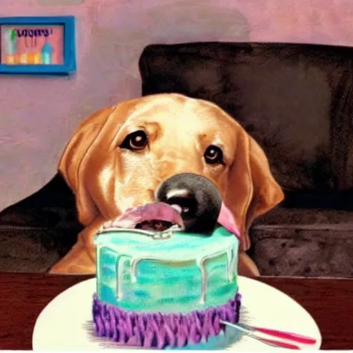 Prompt: a realistic photo of a dog eating a birthday cake