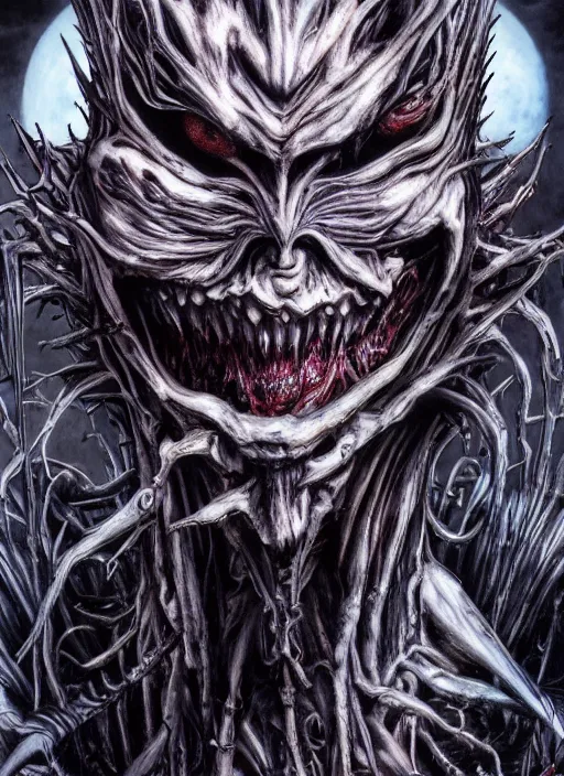 Image similar to Ryuk by Yoshitaka Amano, by HR Giger, biomechanical, 4k, hyper detailed, hyperrealism, anime, a Blood Moon rising on a Broken World, deviantart, artstation