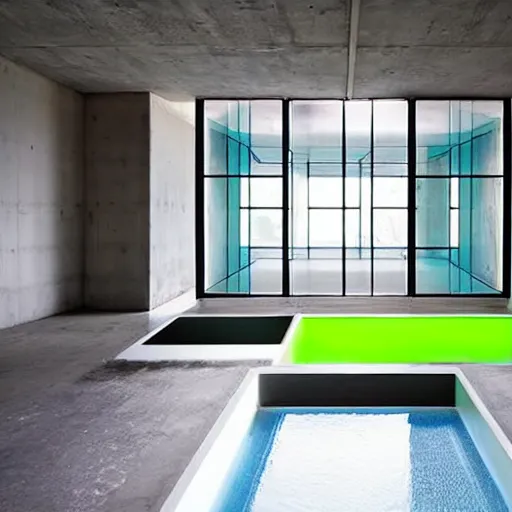 Prompt: upholstered sofas, fluorescent ceiling lighting, rectangular water pond!, a large minimalistic concrete rectangular! room! windowless!, a tilt shift photo by leandro erlich, featured on cg society, kitsch movement, hall of mirrors, high dynamic range, studio portrait