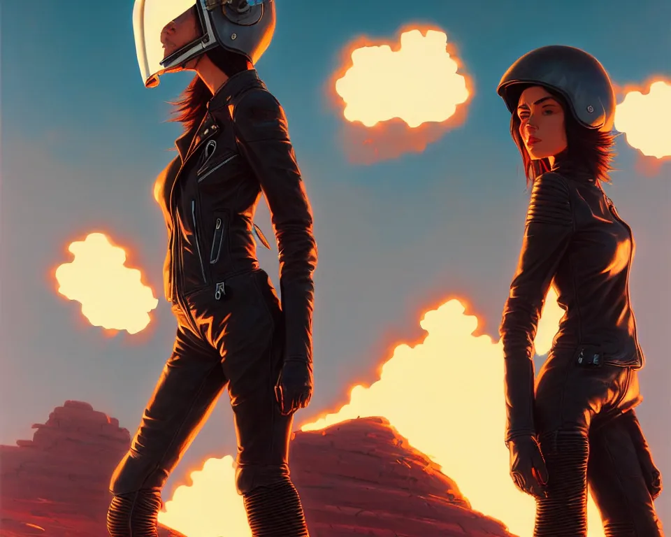 Prompt: a ultradetailed beautiful panting of post apocalyptic woman biker in leather jacket with helmet in front of burning desert, by ilya kuvshinov, greg rutkowski and makoto shinkai, trending on artstation