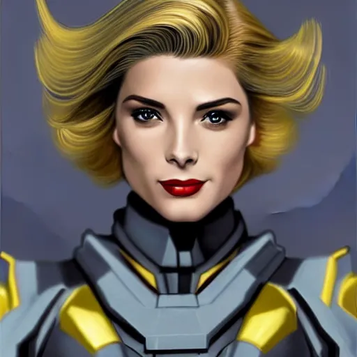 Image similar to A combination of Grace Kelly's and Ada Wong's and Ashley Greene's appearances with blonde hair wearing Interceptor's armor from Anthem, high tech, action shot, angular, full body portrait, futuristic, dramatic, fantasy, intricate, elegant, highly detailed, artstation, matte, sharp focus, 8K, art by Artgerm and Greg Rutkowski and Alphonse Mucha