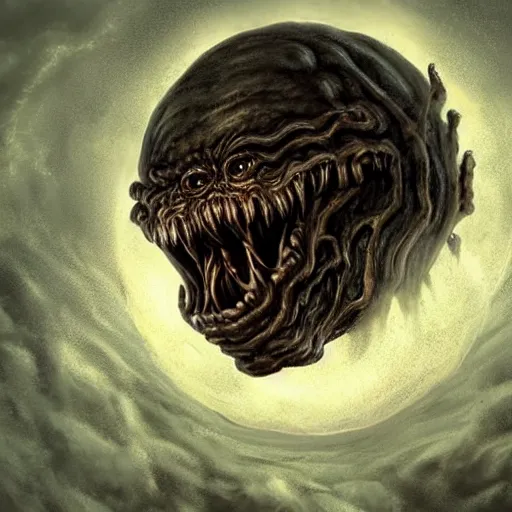 Prompt: the large enormous giant head of a monster appearing from a portal in the sky. lovecraft. lovecraftian. eldritch monster. detailed. uhd. photo realistic. realistic. detailed.